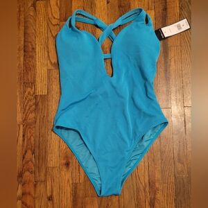 NWT BCBG Paris Women's Adjustable Keyhole Teal Plunge One Piece Swimsuit M